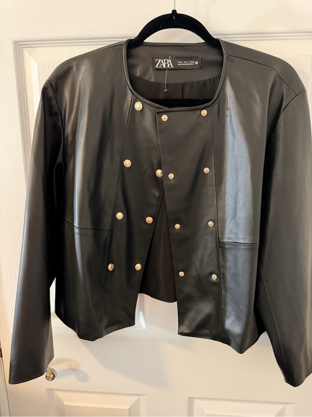 Zara Black Faux Leather Double-Row Gold Button Jacket